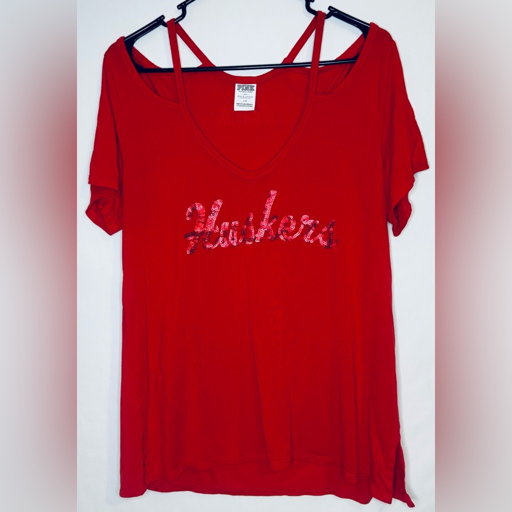 Women's PINK Nebraska Cornhuskers Cold Shoulder Top | Large